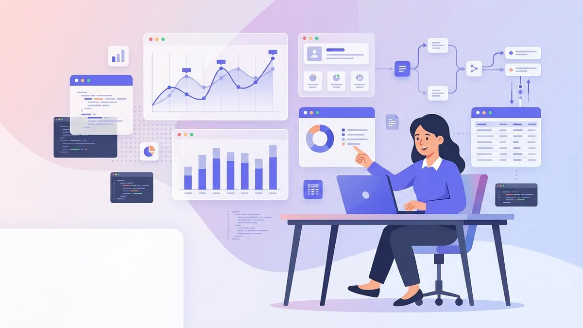 Data analyst working with charts and dashboards in a professional analytics environment