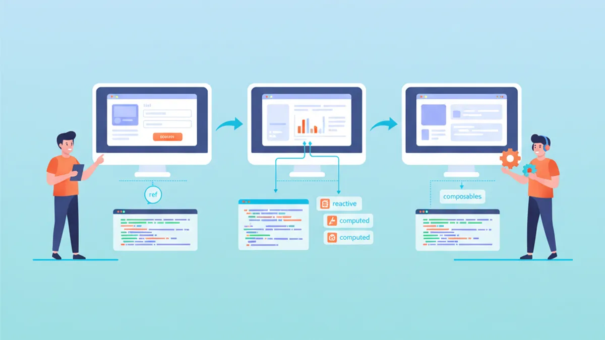 Ilustração da Composition API do Vue 3 com blocos de código reativo interconectados