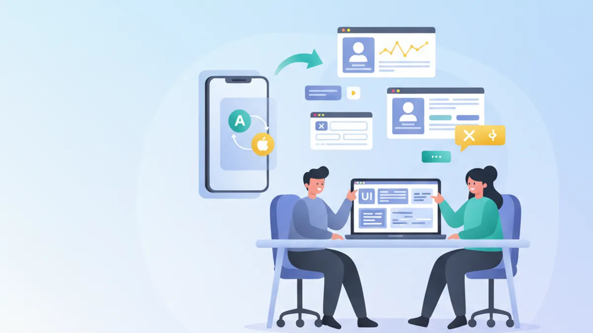 React Native interview questions illustration with interconnected mobile components