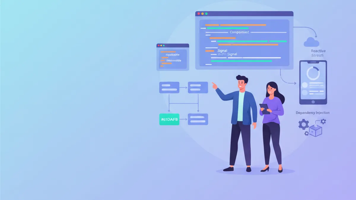 Illustration of Angular interview questions with interconnected components and services