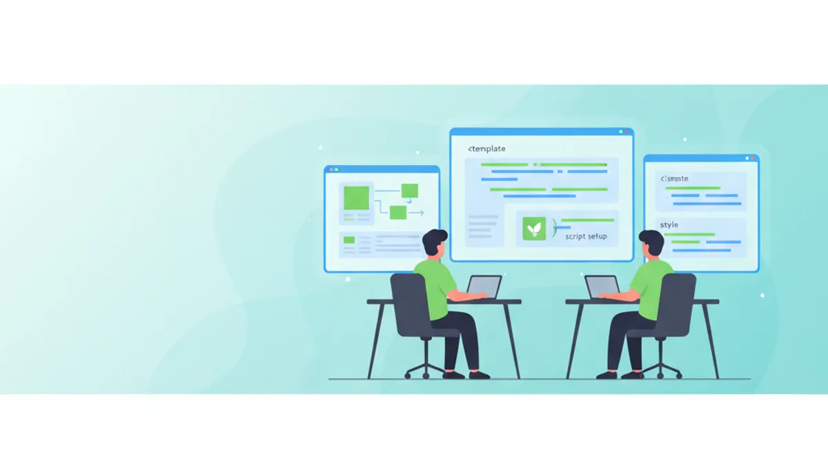 Illustration of a Vue.js technical interview with code blocks and Vue logo