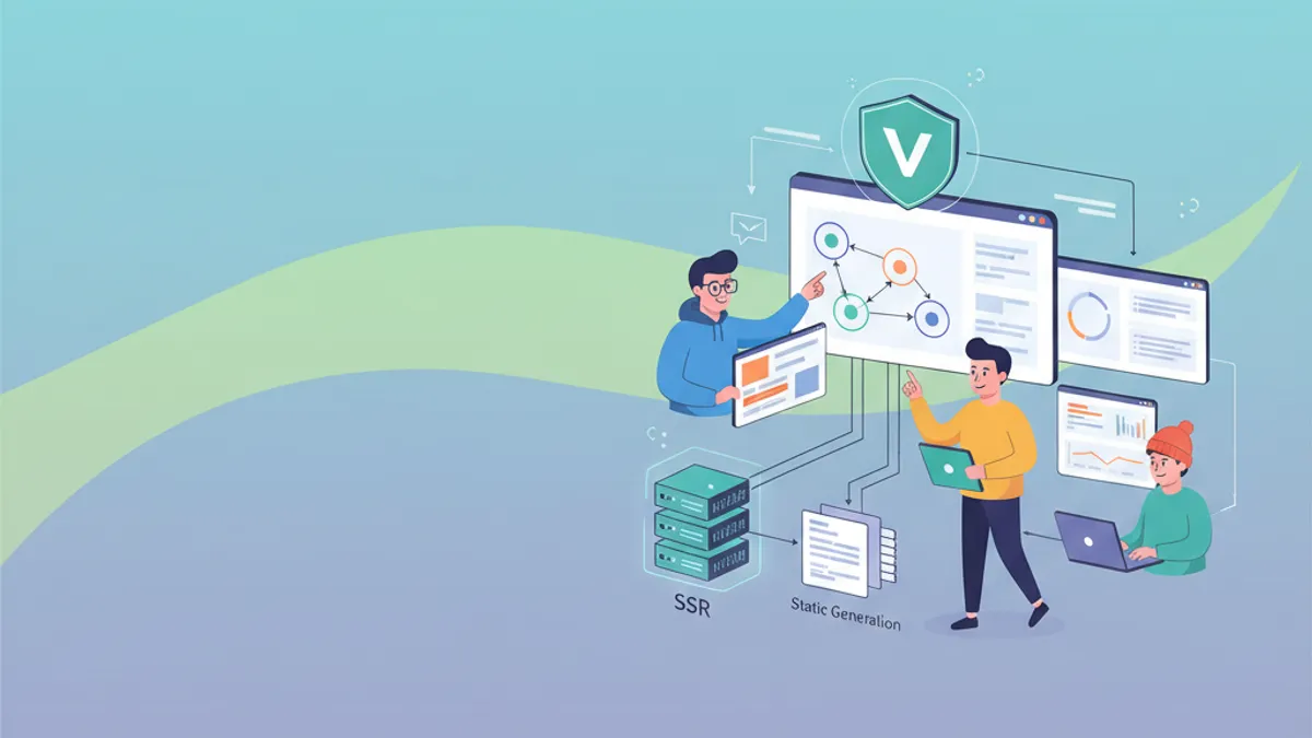 Illustration showing server-side rendering and static generation with Nuxt 3 and Vue.js
