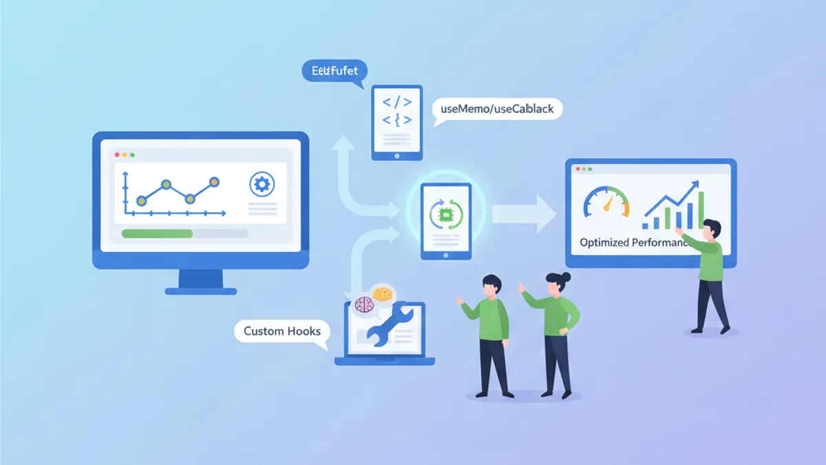 Illustration of advanced React Hooks with composition and optimization patterns
