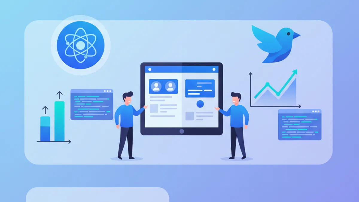 Comparative illustration of React Native and Flutter with logos and performance metrics