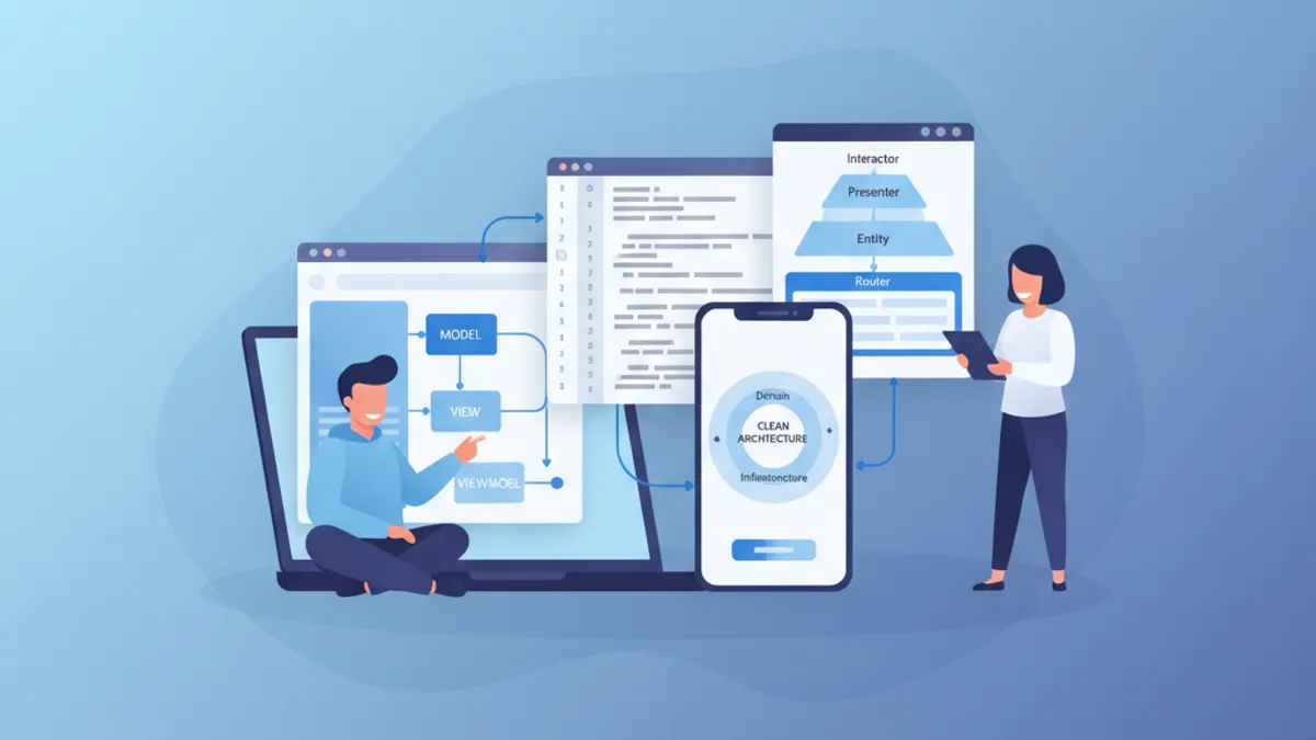 iOS architecture diagram featuring MVVM and VIPER patterns for senior technical interview