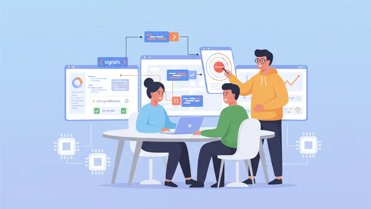 Angular zoneless change detection architecture diagram showing signals and performance optimization