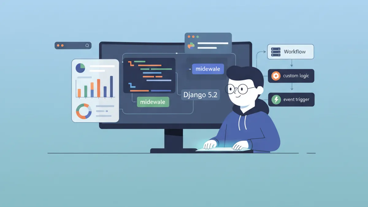 Diagram architektury middleware i sygnalow w Django 5.2 z przeplywem requestow i zdarzeniami domenowymi