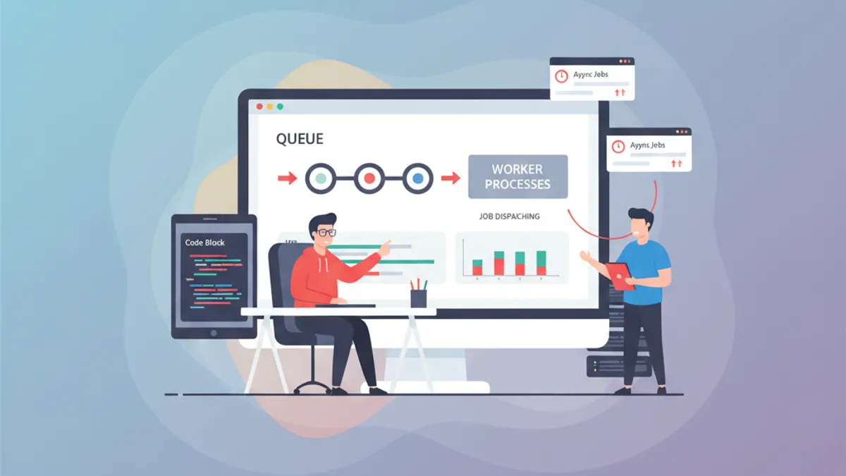 Laravel queues and jobs asynchronous architecture diagram with worker processes and job dispatching pipeline