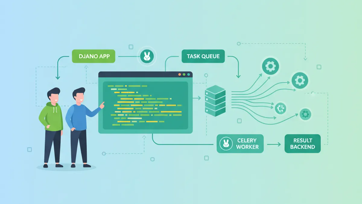 Django ve Celery ile asenkron görev işleme mimarisi ve kuyruk yönetimi diyagramı