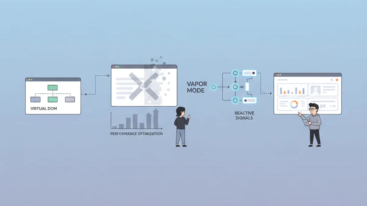 แผนภาพการเพิ่มประสิทธิภาพ Vapor Mode ของ Vue 3 ที่แสดงการอัปเดต DOM โดยตรงโดยไม่ใช้ Virtual DOM