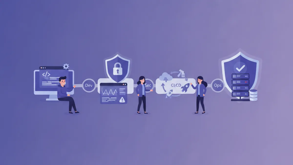 DevSecOps pipeline security visualization with shields and CI/CD workflow