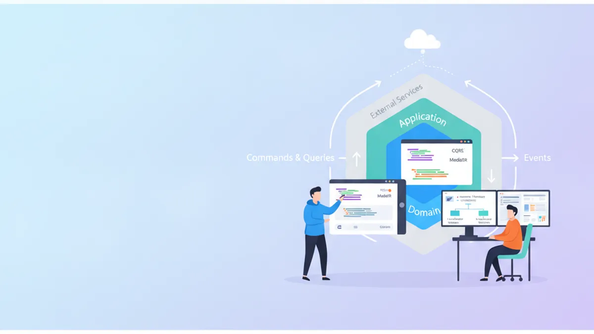 Clean Architecture .NET diagram showing concentric layers with CQRS and MediatR integration