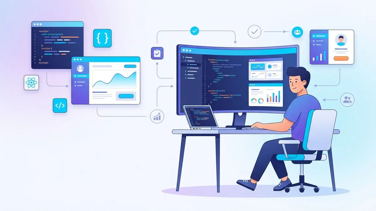 Desarrollador React freelance trabajando remotamente con laptop mostrando código React